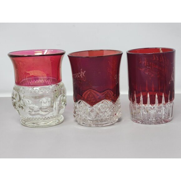 Set Of 3 Antique Ruby Red Souvenir Glasses With Etched Designs & Clear Accents - Picture 4 of 8